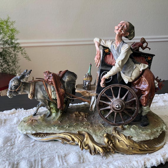 Large Italian Sculpture Vintage Music Box Statue 15” Organ Grinder Monkey Mozart Music Giuseppe Cappe Capodimonte King’s Factory Organ Grind