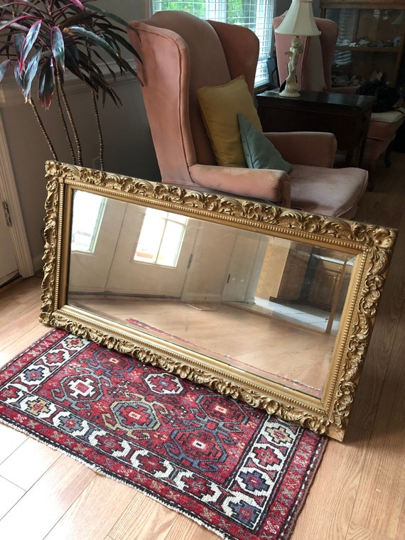 Antique Beveled Mirror within Carved and Gesso Wooden Frame, Antique Gold Wooden Mirror, Large Portrait Mirror, Fireplace Mirror