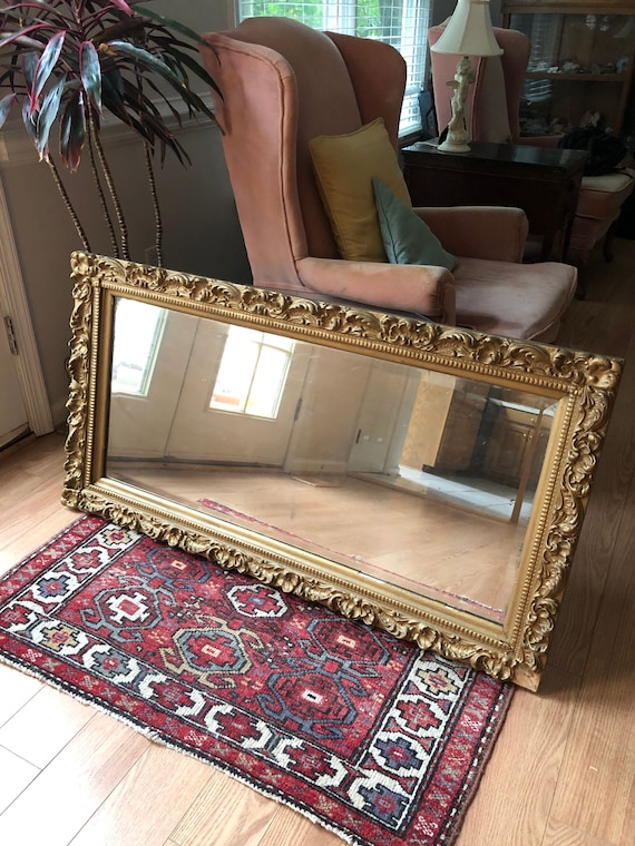 Antique Beveled Mirror within Carved and Gesso Wooden Frame, Antique Gold Wooden Mirror, Large Portrait Mirror, Fireplace Mirror