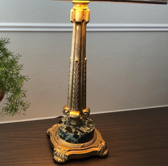 Table Lamp Living Room Lamp Art Deco Lamp Green Marble Lamp Neoclassical Hollywood Regency Lamp Burlap Shade Brass Finial Column Lamp