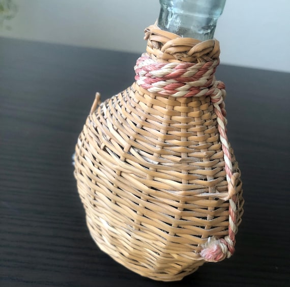Wicker Wrapped Glass Bottle Aqua Green Wicker Base Water Bottle Rope on Top Wine Bottle 1940s MidCentury