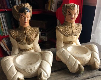 Pair of Chalkware Asian Thai Figure Trinket Trays Ashtrays Cream Color Set of 2 Unique Vintage Unusual Novelty Elegant