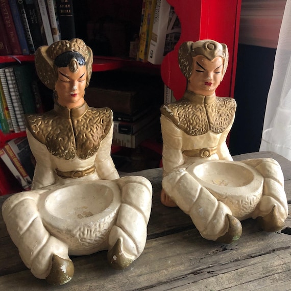 Pair of Chalkware Asian Thai Figure Trinket Trays Ashtrays Cream Color Set of 2 Unique Vintage Unusual Novelty Elegant
