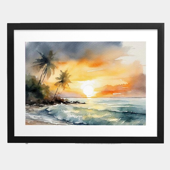 Palm Shadows Wall Art Digital Download Frame TV Art Sunset Beach Scene Watercolor Tranquility Reflective Water Serene Coastal Art