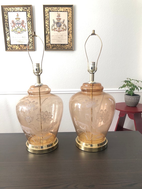 Amber Glass Lamp Set Flower Table Lamp Clear Glass See-Through Etched Floral Lamp Hollow 1990's Matching Pink Lamp Gold Base Neutral Decor