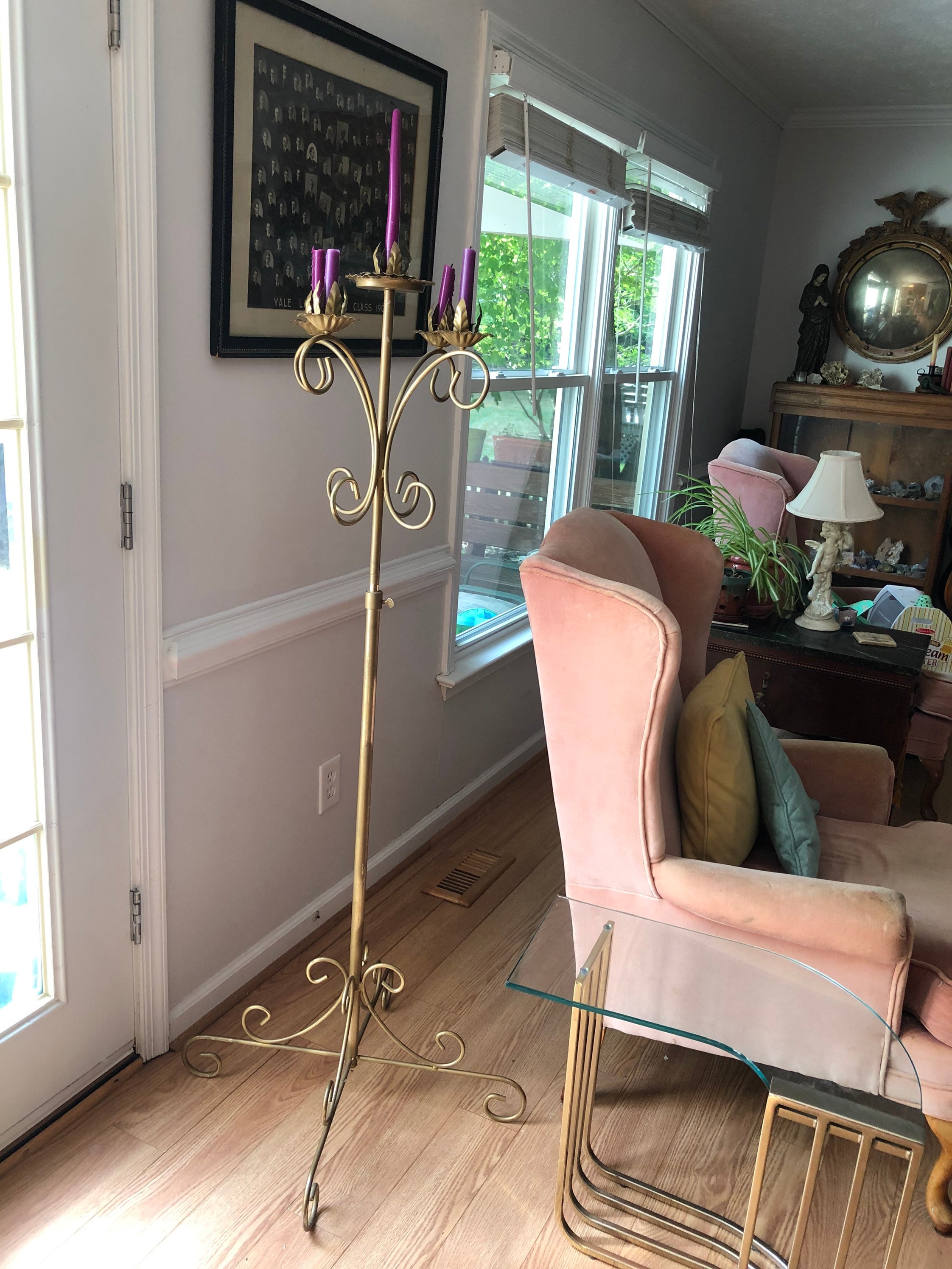 Tall Standing Candle Holder Five Brass Candelabra Wedding Decoration Reception Mid Century Modern Decor Lamp Stand Roses