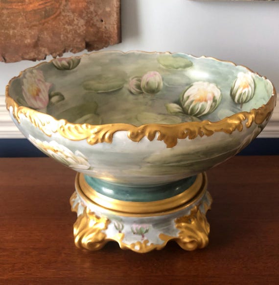 Antique Serving Bowl Limoges Punch Bowl Handpainted Antique Porcelain Serving Bowl Lilypads T&V Signed Hodkinson Pickard Tressemann Vogt