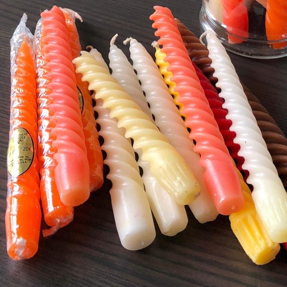 Set of 21 Spiral Candles Various Colors 3 Orange Ones Wrapped Multicolored Various Sizes 1970s Seventies Different Sizes