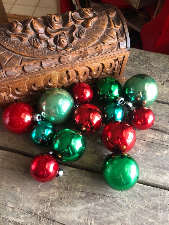 Mid Century Green and Red Glass Ornaments, Set of 13, Shiny Brite, Glitter Ornaments, Christmas Decor, Tree Trimming, Vintage Ornaments