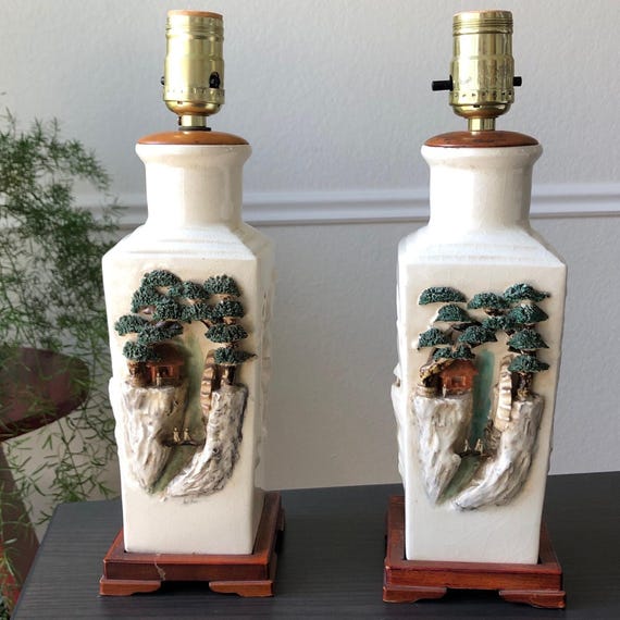 Asian Stone Decor Lamps Japanesjape Decor White Porcelain Lamp Set 1960s Midcentury Side Table Lamps Jadeite Stone Lighting Unique Lamps