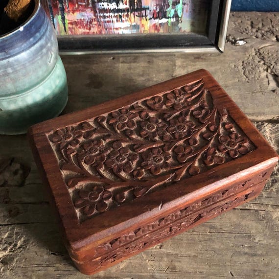 Mid Century Carved Teak Wood Thai Jewelry Storage Box Large Thai Carved Wooden Box Wooden Storage BoxFlower MotifFloral Design