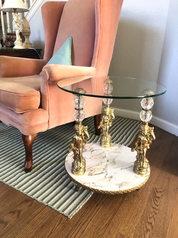 Vintage Goran of Belgium Cherub Table, Angels, Glass, Faux Marble, Gold Color, Hollywood Regency, Side Table, Round Table, 1960s