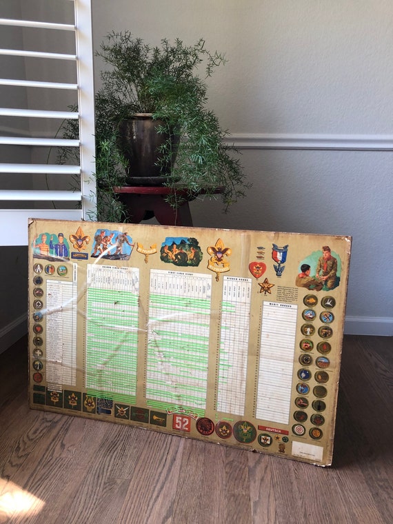 Vintage Boy Scouts Poster 1940s Advancement Chart Badge Pictures Taped in Progress Used by Old Boy Scouts Achievement Chart