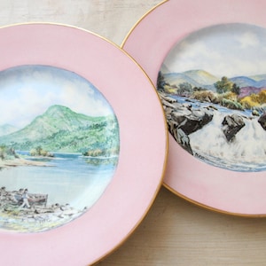 Pink Plates Scottish Landscape Decorations 1950s Plates China Pink Decor Vintage Minton Plates Rimmed Loch Lomond Luss Scotland B. F. Climie
