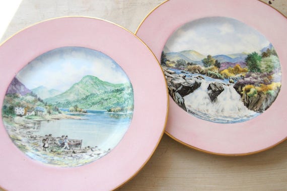 Pink Plates Rimmed Minton Plates Scottish Landscape Loch Lomond Luss Scotland B. F. Climie 1950s Romantic Minton China Pink Decor