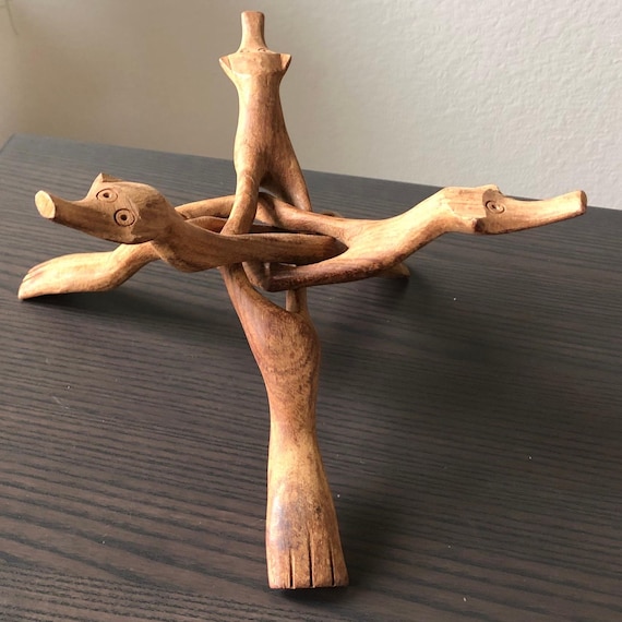 Vintage 3Legged Wooden Cobra Stand Unique Plant Stand "Crocodile" Tripod Carved Stands Bowl Stand Shelf Decor Vase Holder