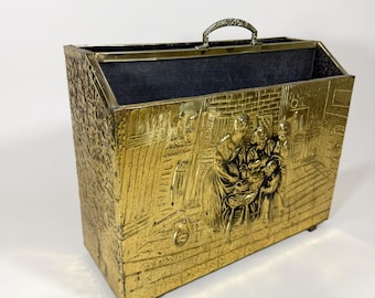 Vintage Brass Magazine Rack Dutch Genre Scene Hollywood Regency Repousse Newspaper Holder Book Rack