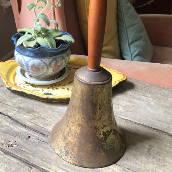 13"x5" Large Brass Bell with Wooden Handle and Circle Hook Decorative Dinner Bell Urban Cottage Farmhouse School Bell Aged Patina