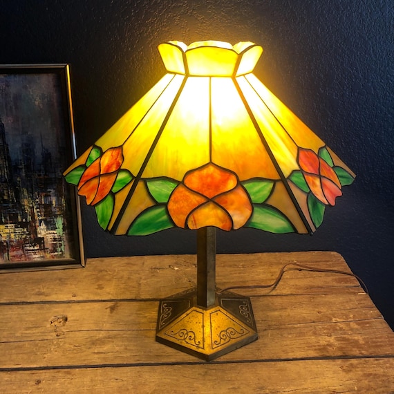 Stained Glass Lamp Shade Metal Lamp Art Nouveau Hexagon Lamp Exquisite Lighting Slag Lamp Leaded Art Deco Lamp Bradley & Hubbard Floral Lamp