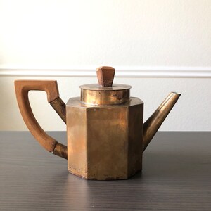 Art Deco Brass Copper Teapot Coffee Pot Copper Brass Teapot Wooden Handle Hexagon Shape Vintage  70s Decor Seventies Style Kitchen Decor