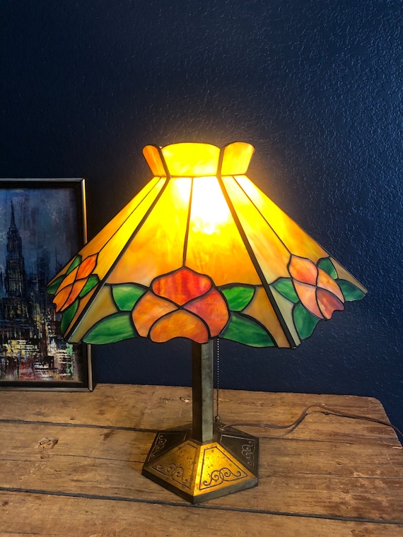 Antique, Art Nouveau Bradley and Hubbard, B&H, Leaded Slag Glass Table Lamp, Pink Roses or Tulips, Hexagon, Ornate Brass Base