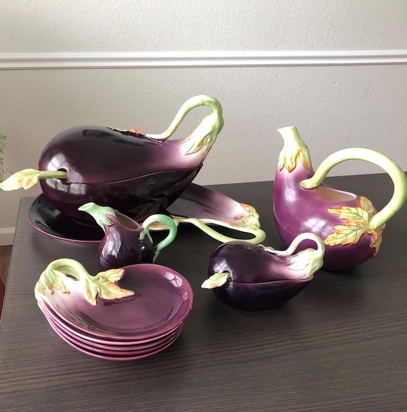 Playful Kitchen Plates Entertaining Sets Fun Kitchen Dining Sets Vegetable Kitchen Decor Party Ware Eggplant Dining Set Fitz and Floyd 1998