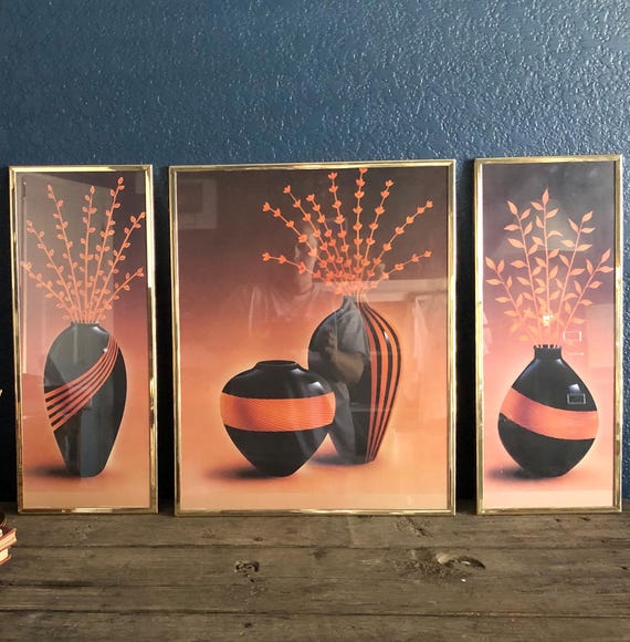 3-Panel Wall Art Panels Framed Art Posters Triptych Pottery Flowers Art Deco Revival 1980s Prints  Bayside Art Publishing Black Red Wall Art