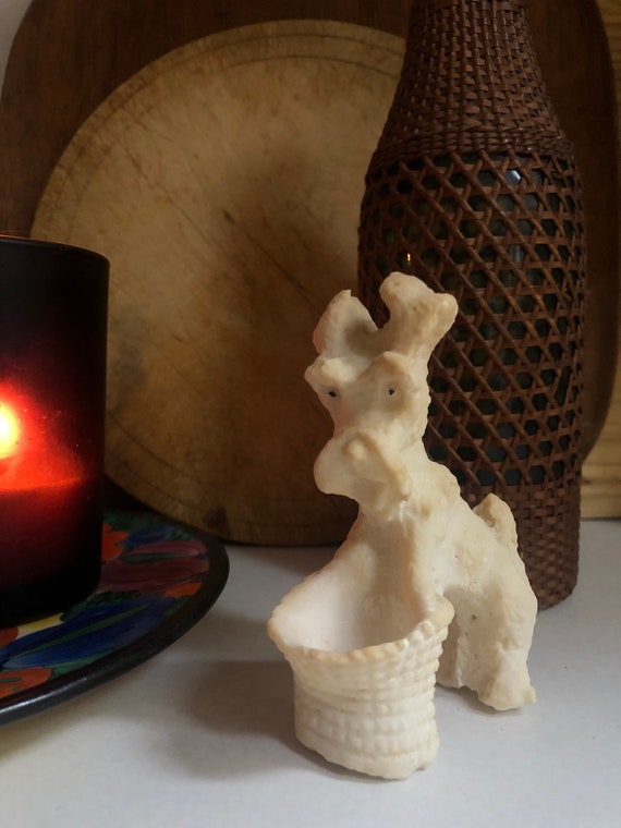 Antique Bisque Dog with Basket Figurine Bisqueware Collectible Scottish Terrier Westie Dog Statue