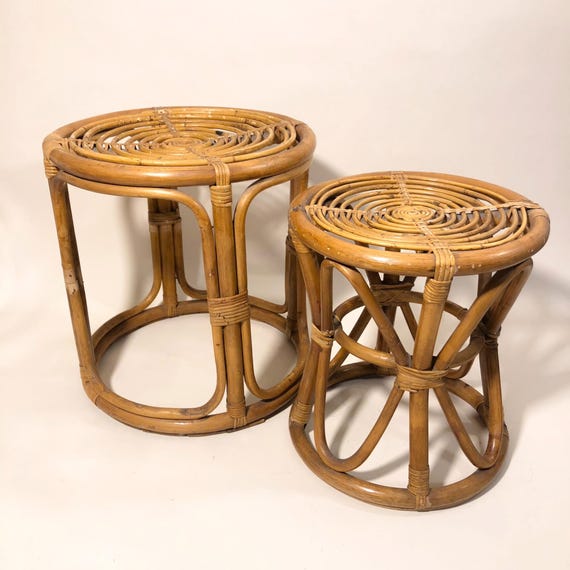 Handcrafted Nesting Side Tables Handcrafted Table Bamboo Drinks Table Midcentury Bar Table Coiled Pencil Reed Top Bamboo Base Set of Tables