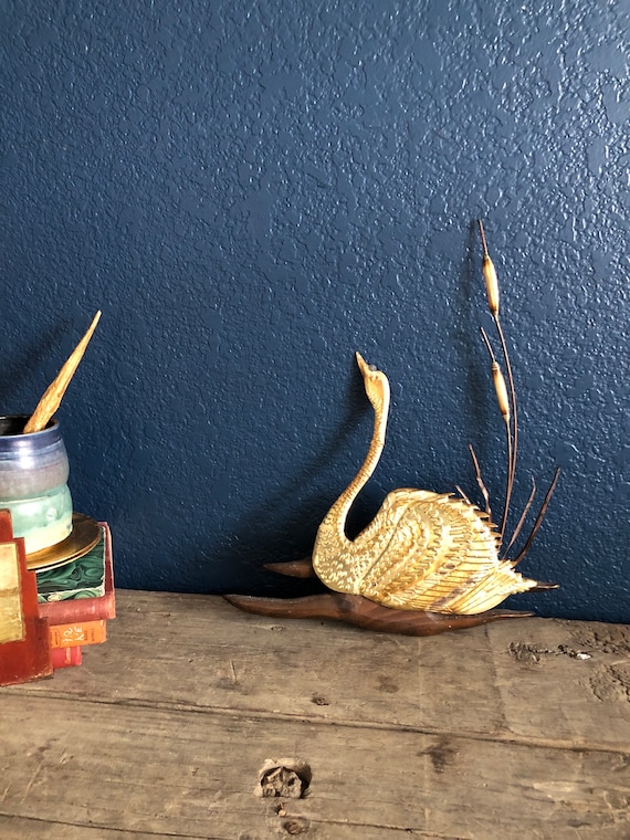 Vintage Brass & Wood Swan with Cat Tails, MCM, Mid-Century Modern, Gold Color, Swimming Swan, Wall Art, Bird, Bulrush, 1960s