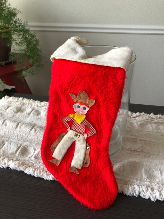 Vintage Cowboy Felt Stocking with White Pants Chaps Polka Dot Shirt Yellow Bandana Cowboy Hat Cowboy Hat and Red Hair Unique