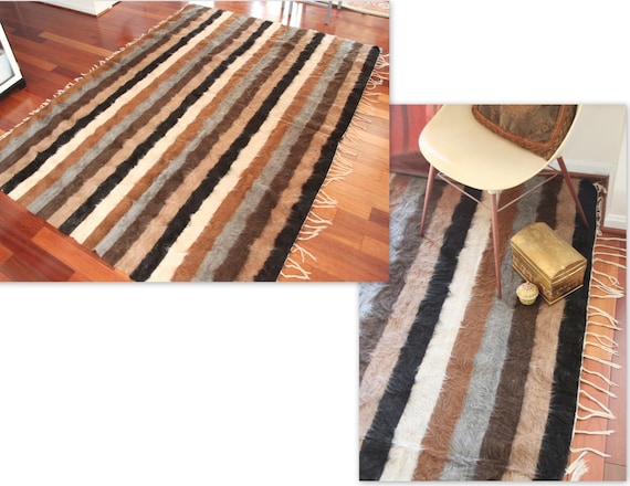 Vintage Turkish Tulu Striped Rug, Tassels, Brown White and Black Stripes, 1950s, Konya, Modern Rug, Furry Carpet, Bohemian Decor, WTH-1486