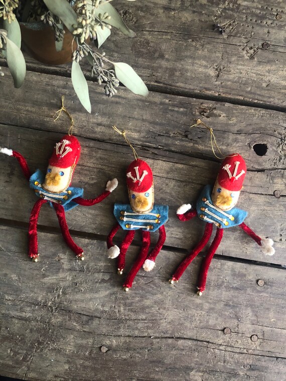 Soldiers Handmade Felt and Sequin Ornaments, Mid Century Holiday Decor, Vintage Christmas Ornaments