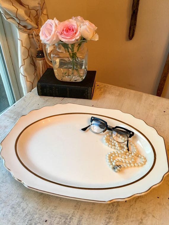 Large Gold Trimmed Ceramic Platter, Ceramic Serving Platter, Lido, W.S. George, Serving Tray, Oval Scalloped Cheese Tray, Thanksgiving Table