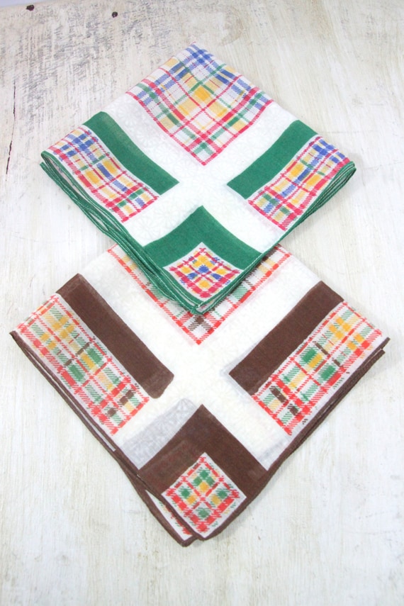 Pair of Plaid Handkerchiefs - One Brown, One Green, Designer Handkerchief, Geometric, Retro Graphics, Mid Century Design, Tartan, WTH-800