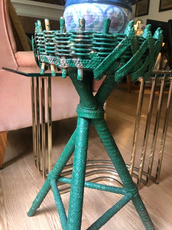 Planter Stand Chippy Green Three Legged Wicker Plant Stand Very Unique Rattan Plant Holder Tripod Boho Vintage Urban Farmhouse