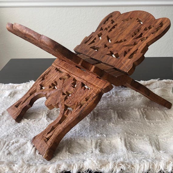 HandCarved Folding Wooden Book or Bible Stand Ornate Floral & Leaf Scroll Work Guest Book Stand Vintage Wedding Decor Elegant