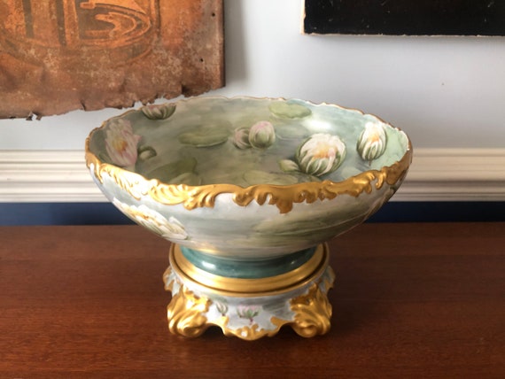 Antique Hand Painted Two-Piece Porcelain T and V Limoges Punch Bowl - Tressemann Vogt, Signed Hodkinson, Lilly Pads, Pink Flowers, Gold Trim