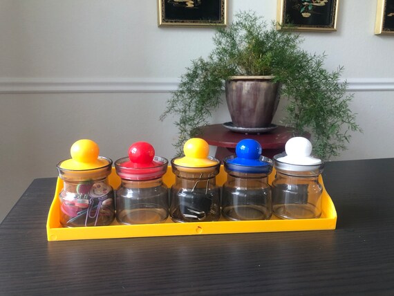 Vintage Seventies Wall Mounted Yellow Spice Rack with Primary Color Plastic Bottles - Yellow, Red, White, Blue, Pop Art, Jars