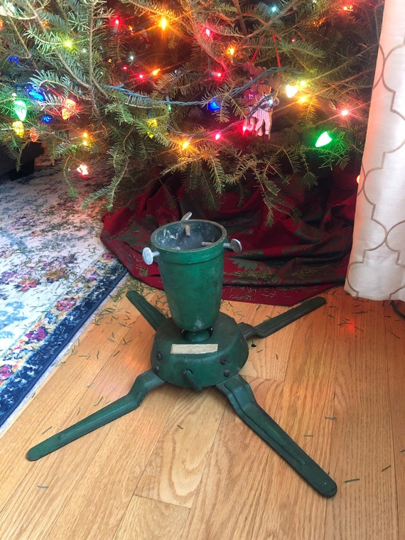 Vintage Heavy Cast Iron Square Green Christmas Tree Stand - Ornate, Trimming, Collectible Tree Stand