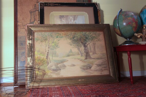 E. H. Meyer Watercolor Painting Framed Antique Landscape 19th century early 1900's Romanticism Art Nouveau Plein Air (WTH397)