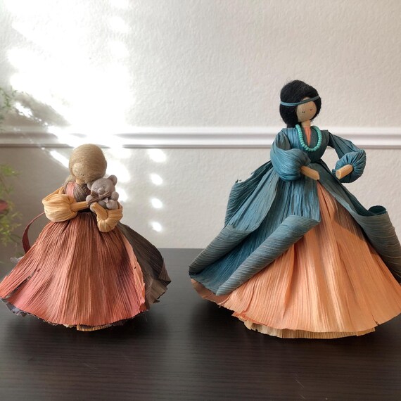 Corn Husk Doll Collection Sold Individually Small Bear Turquoise Necklace Looking Down with Fruit Basket Kite Babies Breath