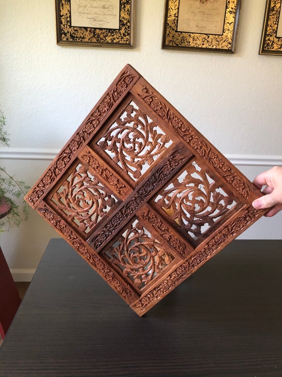 Hand Carved Teak Four Panel Trivet Centerpiece Dinner Table Floral Wood Carving Hanging Wooden Wall Decor Plaque Islamic or Indian