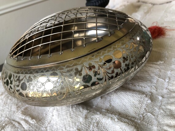 Silver Frog with Side Etching Footed Rose Bowl Bidri Persian Flower Holder Rose Holder 1970s Seventies Domed Frame Netting