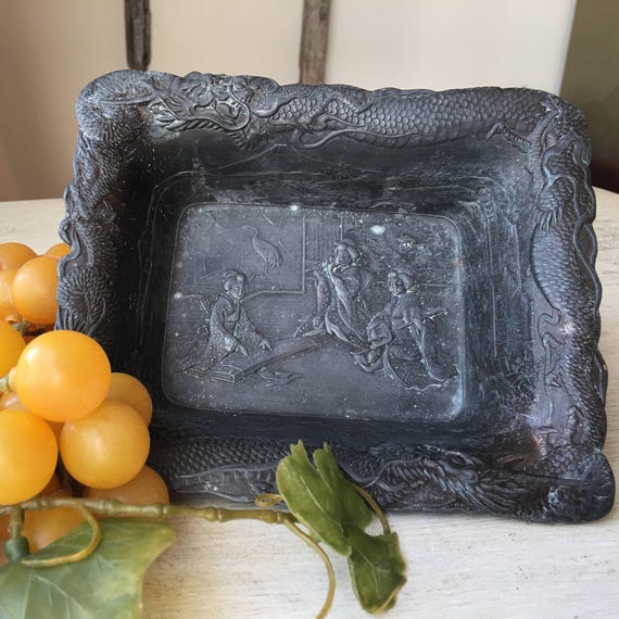 Antique Mr. A.A. Vantine Art Nouveau Decorative Tray Japanese Tray Geisha Musical Instruments Jewelry Tray Dresser Decor Mountain