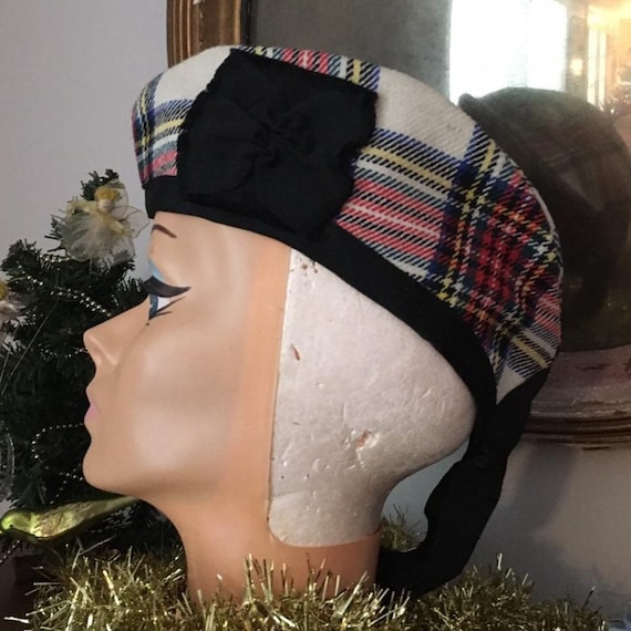 Vintage Highlander Beret  Tartan Scottish Hat Tam Made in Scotland Tam Tassels White Red and Black Cap Plaid