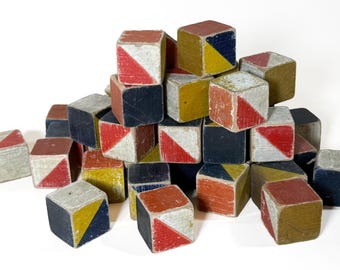 Vintage Geometric Wooden Blocks Set of 56 Bauhaus Style Painted Toy Cubes Mid Century Inspired Decor