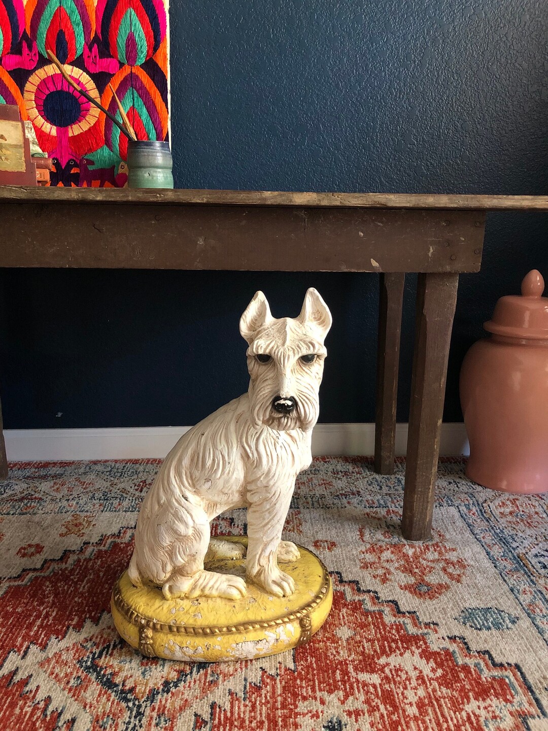 Large Ceramic Dog on a Yellow and Gold Pillow With Tassels Etsy