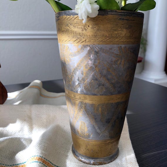 Antique Indian Etched Brass Metal Lassi Cup  Mughul style Unique Patina Elegant India Vintage Unique One of a Kind