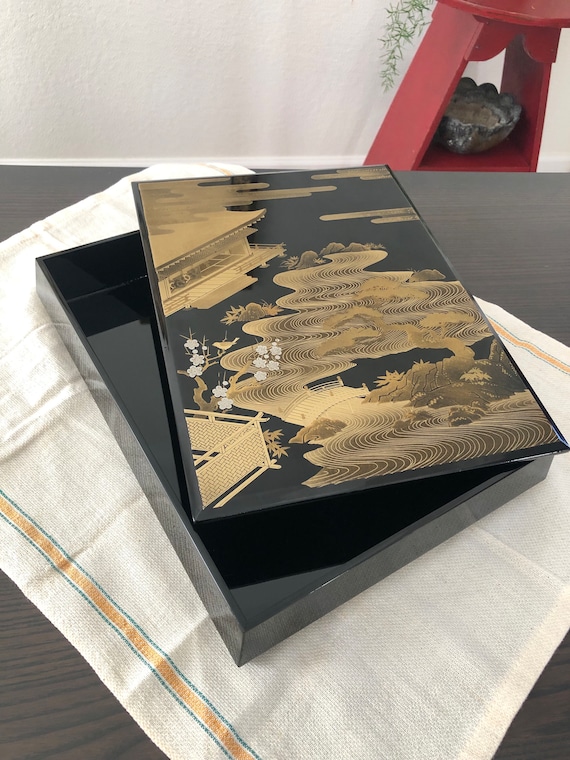 Black Japanese Writing Box Black Jewelry Box Handmade Made Japan Black Gold Box Japanese Lacquerware Suzuribako Maki Box Makie Box